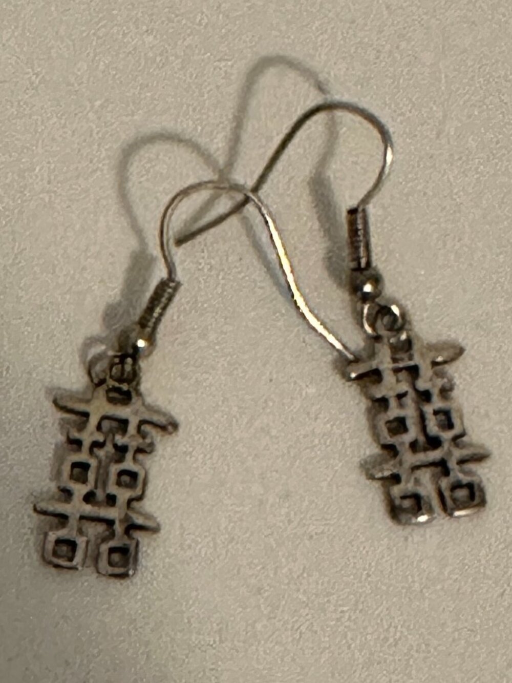 Korean Double Happiness Symbol Dangle Earrings Silver Tone